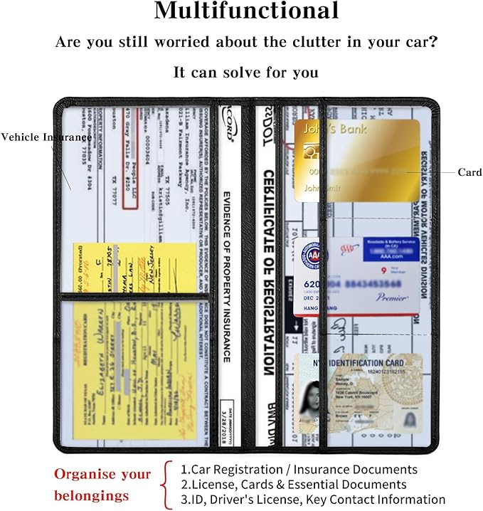 TILDOSAC Leather Car Registration and Insurance Card Holder, Car Document Holder for Cards License with Magnetic Shut (Black, large)