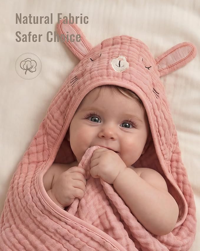 Blissful Diary Muslin Baby Hooded Towel 1 Pack, Soft & Absorbent Bath Towel for Baby Girls, Infant Gift, Newborn Essentials, Sweet Bunny