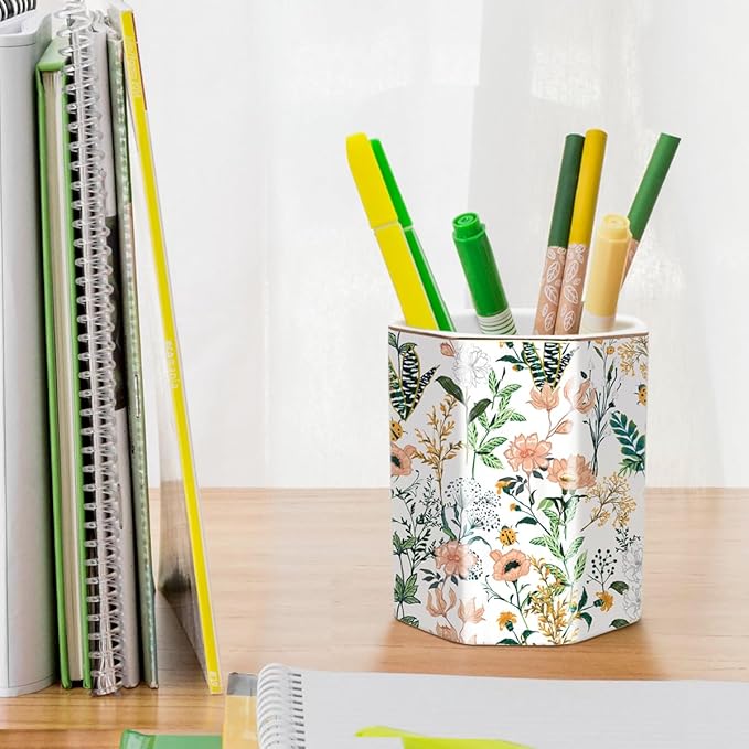 WAVEYU Cute Pen Holder for Desk, Ceramic Pencil Holder, Pen Cup Marker Holder Makeup Brush Holders, Desk Accessories & Workspace Organizers for Home, Office, White Flower