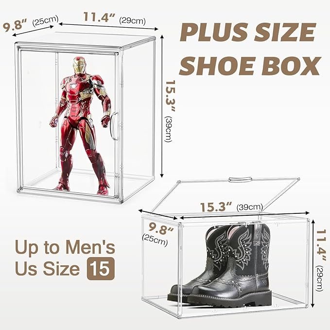 XX-Large Acrylic Display Case 11.4'' x 9.8'' x 15.3'', Boot Boxes for Tall Boots Size 15, Large Sneaker Shoe Box Clear Stackable Storage Boxes for Collectibles Handbag Organizer with Magnetic Lids