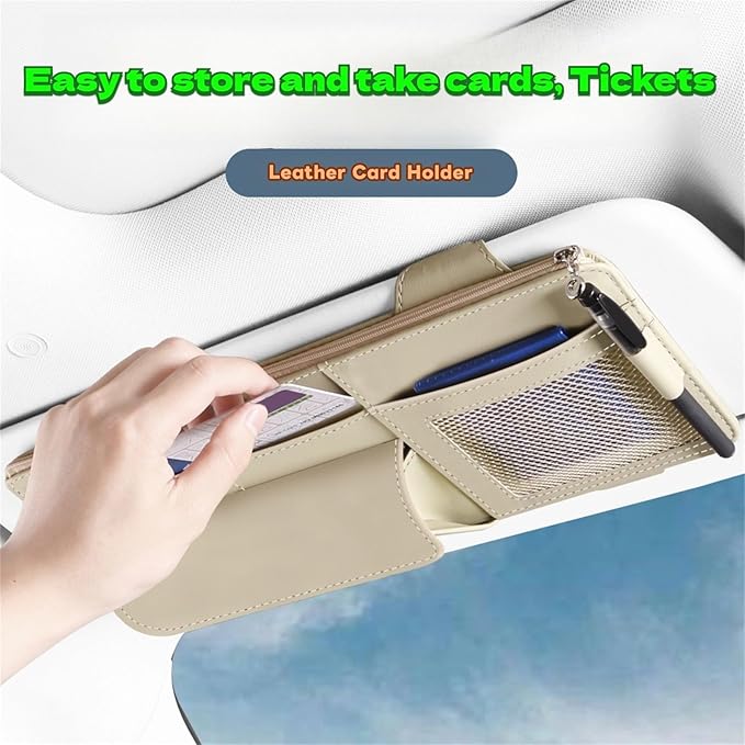 Car Visor Organizer, Multi-Pocket Sunvisor Storage with Sunglass Holder, Document Holder and Visor Card Clip, Fit for AUTO SUV & Truck, Leather Car Accessories Interior (Cream)