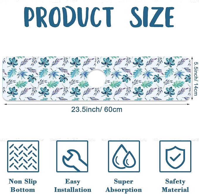 Watercolor Leaves Kitchen Sink Splash Guard Faucet Mat Tropical Leaves Super Absorbent Fast Drying Mat Sink Splash Guard Behind Faucet for Kitchen Bathroom, 23.5"x5.5"