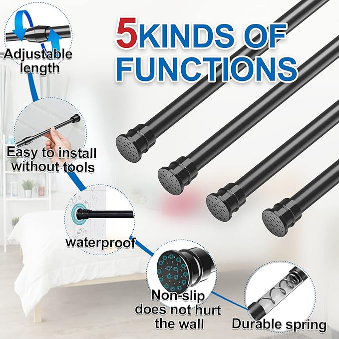 AIZESI Spring Tension Curtain Rods Short Tension Rod (Black, 28" to 41"-4Pcs)