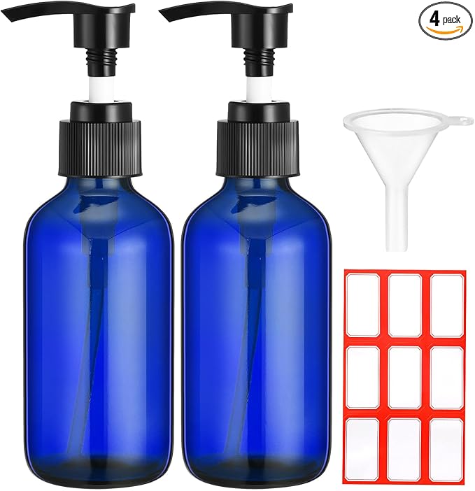 Fumete 2 Pack Glass Bottles 4oz Empty Refillable Liquid Containers with 1 Label 1 Funnel for Essential Oils Hair Travel Plants Cleaning Skin Care(Blue, Black Top,Pump Bottle)