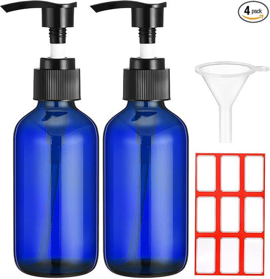 Fumete 2 Pack Glass Bottles 4oz Empty Refillable Liquid Containers with 1 Label 1 Funnel for Essential Oils Hair Travel Plants Cleaning Skin Care(Blue, Black Top,Pump Bottle)