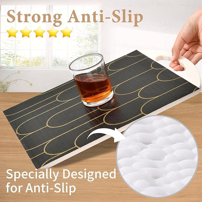 Shelf Liners for Kitchen Cabinets Drawer Liner 12in x 30FT Non Adhesive Black Gold Line Thickened Refrigerator Shelf Liner Paper Strong Easy to Clean for Tool Box with Knife and Tape Measure