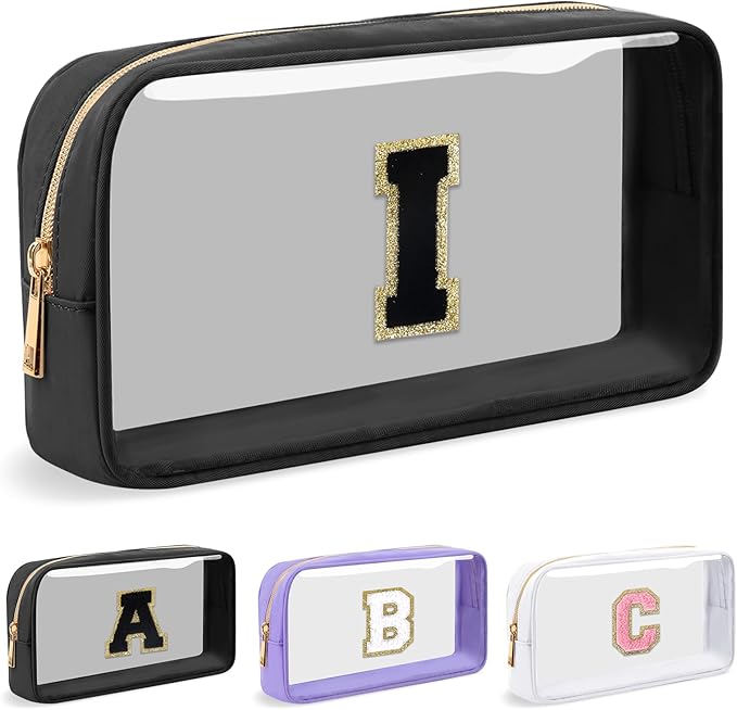 Personalized Initial Letter Clear Makeup Bag, Preppy Small Nylon&PVC Cosmetic Zipper Bag with Chenille Letter, Travel Skincare Toiletry Bag, Monogram Christmas Gift for Teen Girls Women