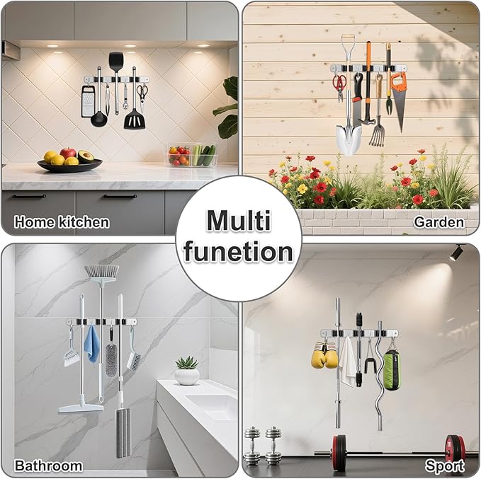 HANZENMA Broom Holder Wall Mount, Broom Organizer Wall Mount Stainless Steel Broom and Mop Hanger Heavy Duty Storage Organization for Home Kitchen Garden Garage Room 3 Racks 4 Hooks Black