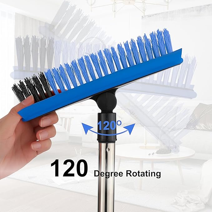 Grout Cleaner Brush with Long Handle, V-Shaped Floor Scrub Brush Swivel Grout Brush Stiff Bristle Floor Grout Scrubber for Bathroom, Tile Line, Crevice, Kitchen, Wall, Deck, Garage (Blue)