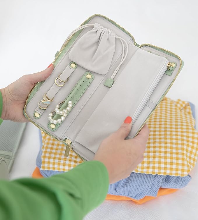 Travel Jewelry Organizer Case - for Tangle-Free Necklaces, Earrings, Rings, Bracelets Storage, Travel Essentials, Fashion Portable Jewelry Travel Bags for Women - Medium Macaron Green