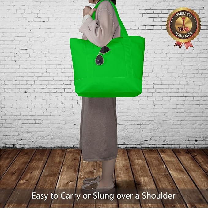 TOPDesign 3-Pack Canvas Tote Bags with an External Pocket, Reusable Grocery Shopping Bags, Top Zipper Closure, Daily Essentials (Lime Green)