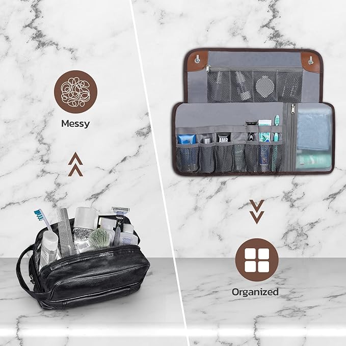 Toiletry Bag for Men, Travel Essentials Travel Toiletry Bag, Water-Resistant Compact Bathroom Roll Organizer for Hygiene, Shaving kit, Gifts for men (1.Chic Brown(PU Leather))