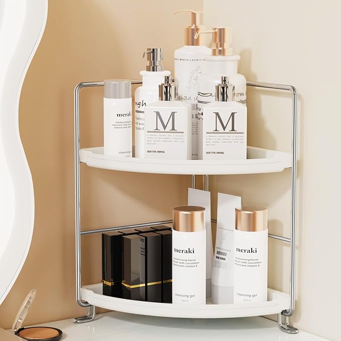 2-Tier Corner Bathroom Countertop Organizer, Tiny Counter Corner Shelf Skincare Makeup Perfume Organizer and Organization for Kitchen (White)