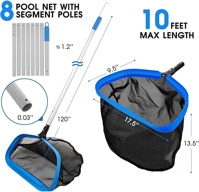 17.5'' Self-Repair Pool Net with Pole 10 Ft Thick Aluminum 8 Sections Detachable Pool Poles with Hidden Hook Retriever & Nylon Fine Mesh Netting Pool Skimmer Net for Above Ground In-ground Pools