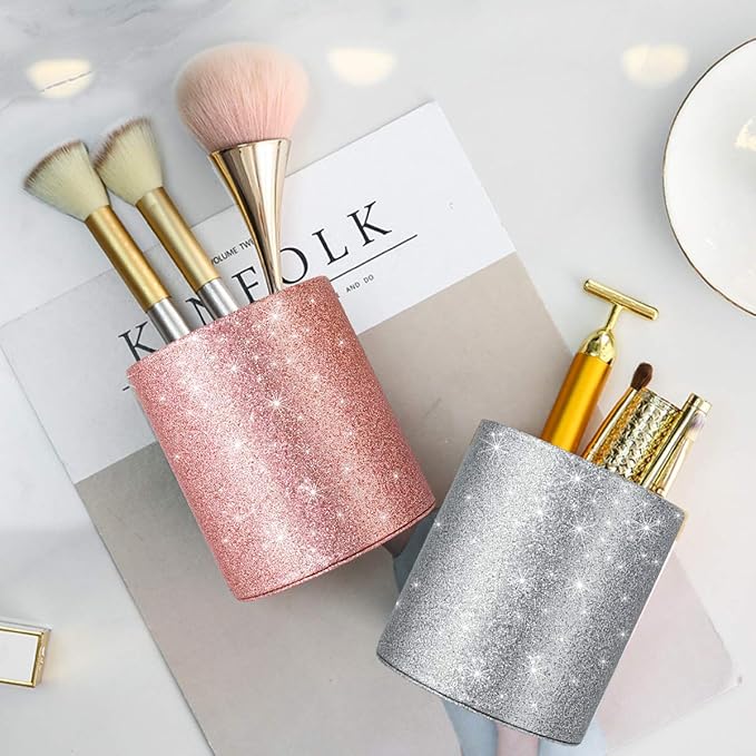 WAVEYU Glitter Pen Holder, Pencil Cup Desk Sparky Bling for Women Girls, Luxury Durable Makeup Brush Holder Large Pu Leather Multi-Functional Organizer Cup for Office, Classroom, Home, Silver