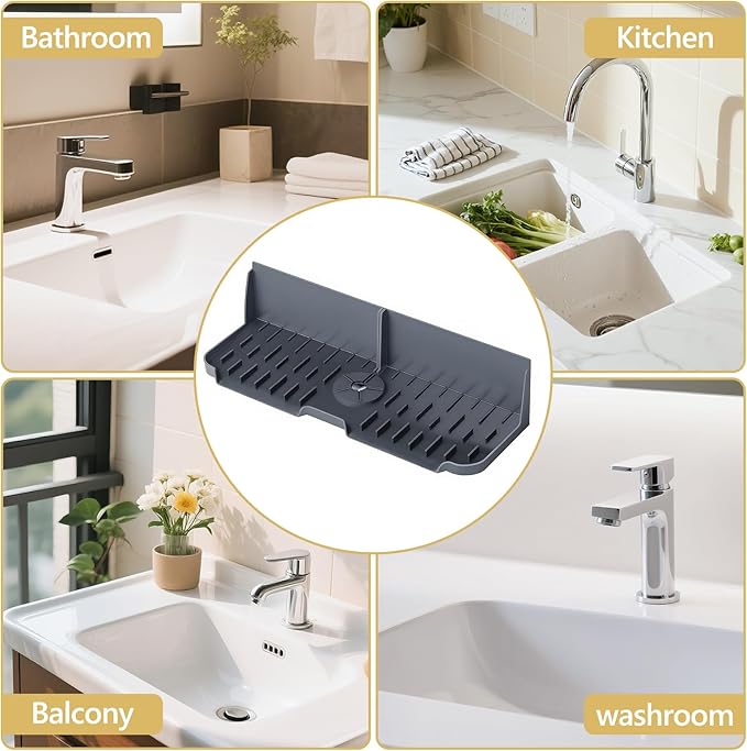 DAECHAO Sink Splash Guard Behind Faucet, Silicone Sink Faucet Drying Mat & Dish Soap Sponge Holder, 17" x 5.5" Silicone Kitchen Sink Auto Drain Organizer (Grey)