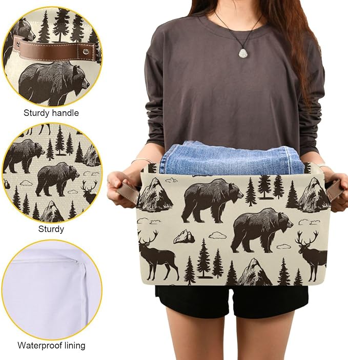 Aslsiy Storage Vintage Deer Bear Moose Nursery Bins National Park Baby Box Canvas Clothes Shelf Basket Laundry Hamper Gift for Home Closet 2 Pcs
