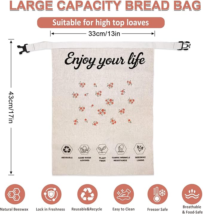 Reusable Beeswax Bread Bags - Large Food Storage for Homemade Loaf & Sourdough - Freezer Safe Eco-Friendly Wraps to Keep Fresh, Paper Bag Alternative, Cloth Box Organizer (13x17in, 2 Pack)