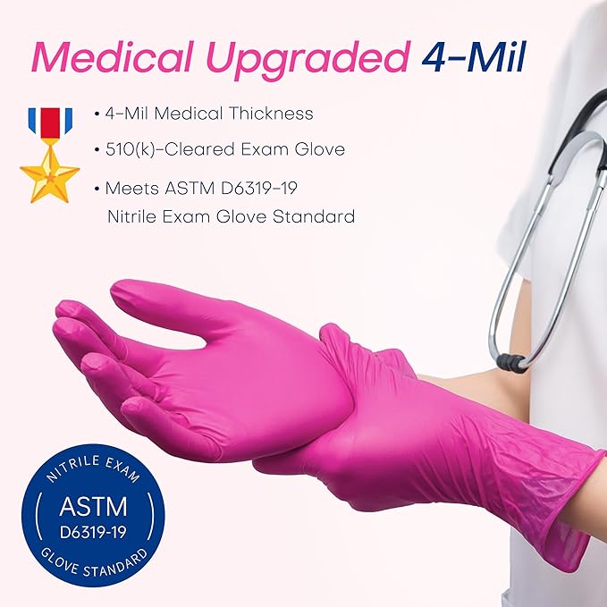 Supmedic Nitrile Exam Gloves, 4 Mil 100 Pcs Powder-Free Latex-Free Cooking Food-Safe Disposable Medical Gloves, Rose Orchid