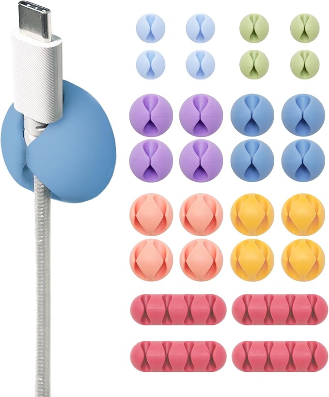 Wrap-It Storage Cable Clips - (Assorted 28-Pack) Macaron - Desk and Nightstand Cable Holder for Phone and Bedside Table Cord Organizer