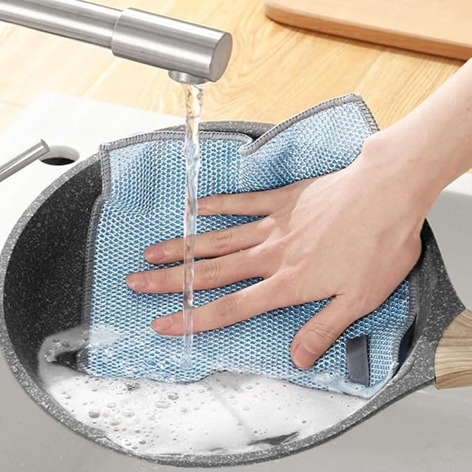 12 Pcs Non Scratch Wire Dishcloth Multipurpose Wire Dishwashing Rag for Wet and Dry Double Layers Reusable Wire Cleaning Cloths with Microfiber Cleaning Cloth, Suitable for Kitchen, Tableware, Stove