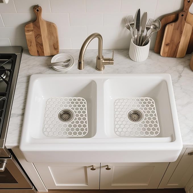 2 Pack Silicone Sink Protectors for Kitchen Sink - 12" x 11" Kitchen Grid Accessory, Non-Slip Heat-Resistant Mat for Bottom of Porcelain Stainless Steel, Dishwasher Safe (White)