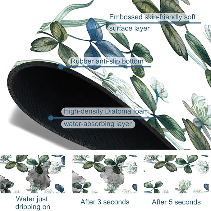 Watercolor Garland Flower Sink Splash Guard Faucet Mat Clover Leaves Super Absorbent Fast Drying Mat Sink Gadgets-Splash Guard Behind Faucet Drip Catcher for Kitchen Bathroom, 15.5"x5.5"