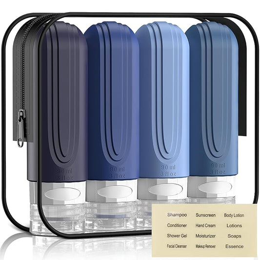 Travel Bottles for Toiletries, 3oz TSA Approved Travel Size Toiletries, Silicone Leak-Proof Refillable Containers, Squeezable Liquid Essentials Bottles W/Clear Bag (BLUE)