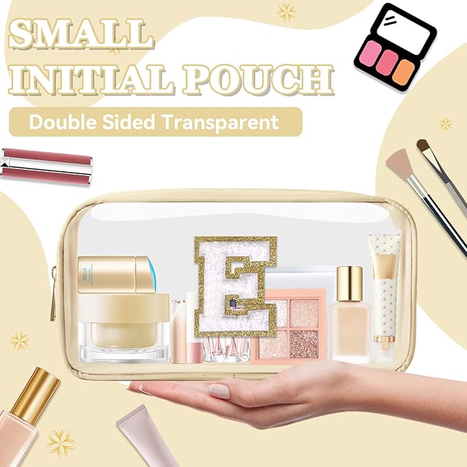 Small Clear Personalized Initial Makeup Bag,Nylon Preppy A-Z Chenille Letter Patch Cosmetic Pouch Beach Toiletry Bag,Waterproof Zipper Travel Purse Storage Bag Organizer for Women Girls(Beige-White E)