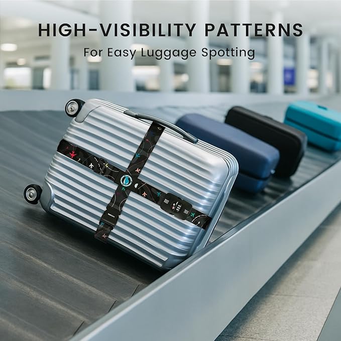 Travelkin Luggage Straps TSA Approved - Adjustable Cross Suitcase Straps with TSA Lock, Reinforced Buckle, Unique Pattern - Secure Heavy Duty Luggage Straps for Travel (Air Line Black)