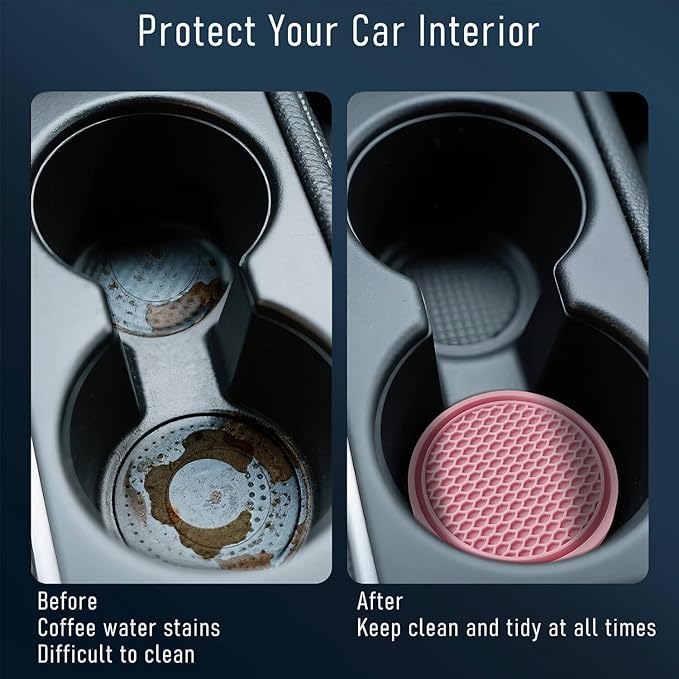 Car Cup Holder Coaster 4 Pack - Non Slip & Shockproof,Flexible PVC Rubber Insert for Car/Truck/SUV/Van (2.75"x0.2") Universal Fit Auto Cup Holders Accessories for Women and Man (Pink)