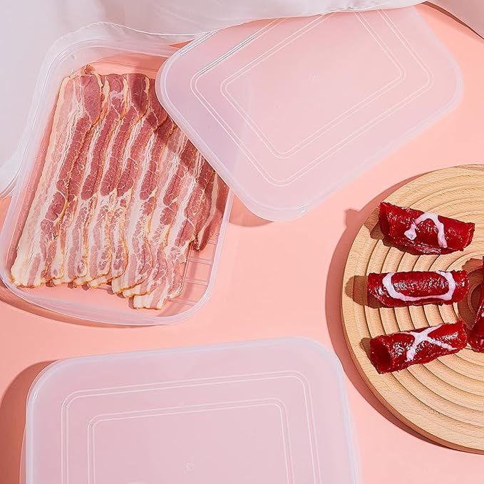Suclain 4 Pieces Bacon Keeper Plastic Deli Meat Saver with Lids Airtight Cold Cuts Cheese Container for Fridge Food Refrigerator Storage Box Shallow Low Cookie Holder, 9.65 x 7.28 x 1.38''