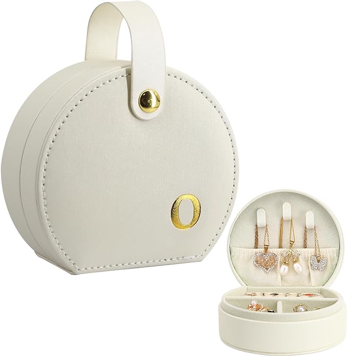 COLLECTIVE HOME - Travel Jewelry Case, Elegant Half-Moon Design with Gold Monogram, Detachable Handle, Personalized Accessory Organizer, Gift for Fashion-Forward Women and Teens (o)