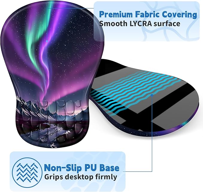 YIWEI Ergonomic Mouse Pad with Wrist Rest - Comfortable Office Mousepad with Memory Foam Wrist Support for Carpal Tunnel Relief, Mouse Pads with Non-Slip Base for Gaming and Home (Aurora)