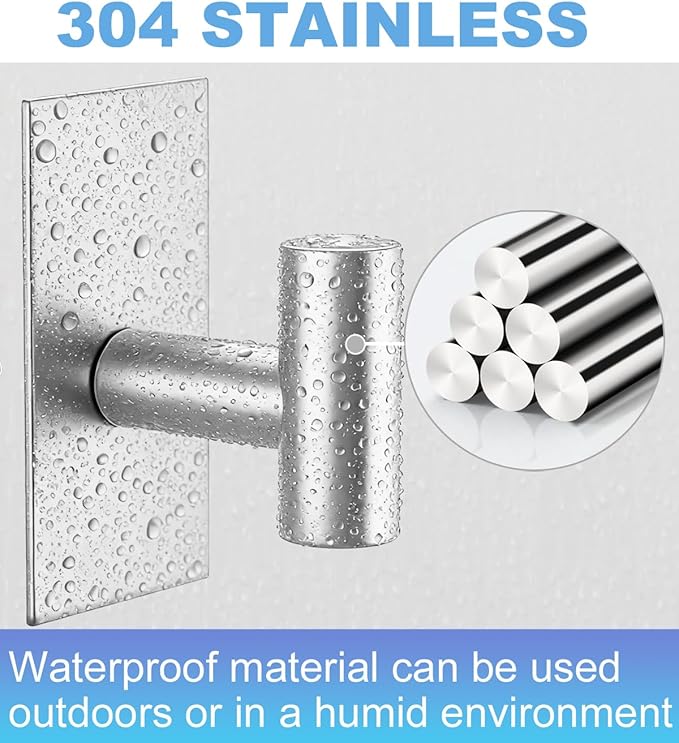 4 Pcs Towel Hooks Heavy Duty for Hanging，Adhesive Wall Hooks with Removable Strips，Sticky No Damage，Outdoor for Bathrooms，Shower，Stockings，Decor，Robe，Large，Silver 304 Stainless Steel