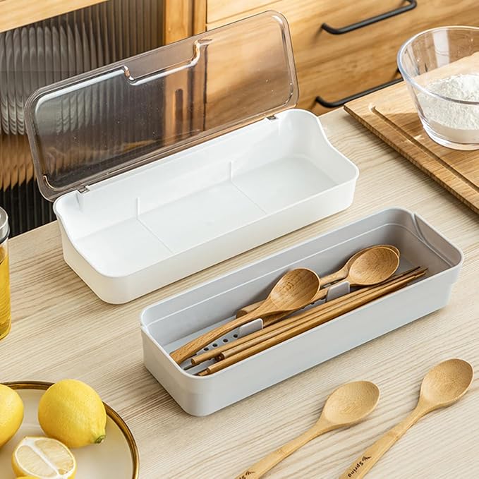 Plastic Kitchen Drawer Organizer with Lid and Drainer Stackable Utensil Holder for Countertop Silverware Tray White Flatware Organizers - 12.6x4.7x2.4 Inch Storage Box Spatula Cutlery Tray