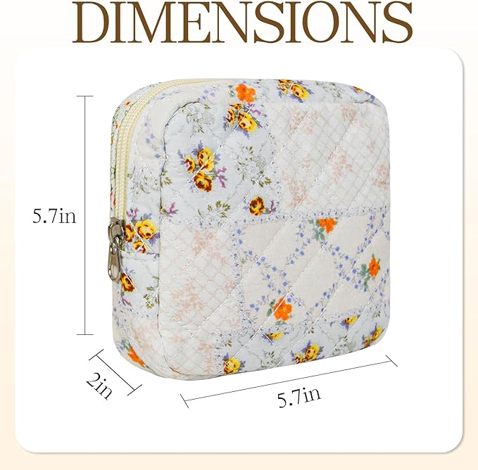 Small Floral Quilted Makeup Bag, Coquette Aesthetic Travel Toiletry Organizer for Women, Lightweight Cotton Cosmetic Pouch