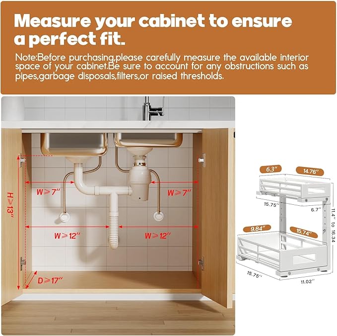 1-Pack Under Sink Organizers and Storage, 2-Tier L-Shape Pull Out Cabinet Organizer with Round Tube Slide Rails, Height Adjustable Slide Out Drawers for Kitchen & Bathroom, Multi-Purpose Storage Shelf - White