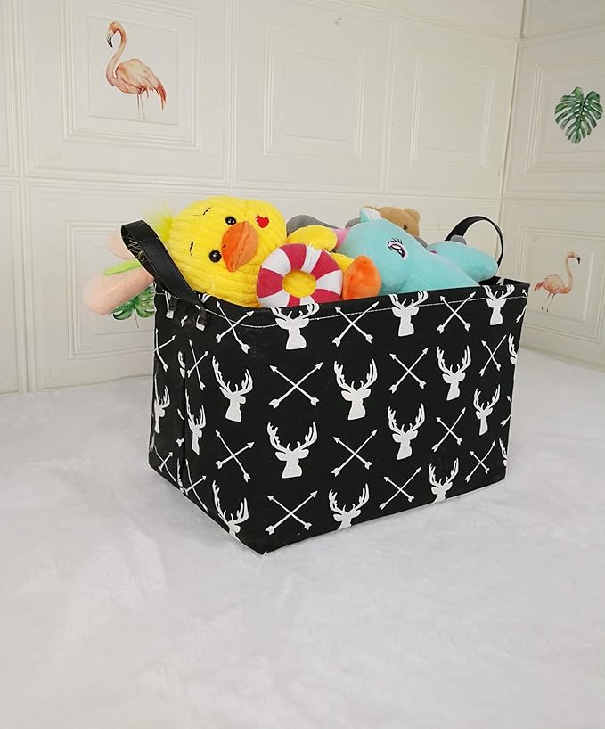 KUNRO Rectang Black Storage Basket Gift Shelf Basket Storage Bin, Nursery Basket Organizer Box for With Handles for Room Deco (Deer)