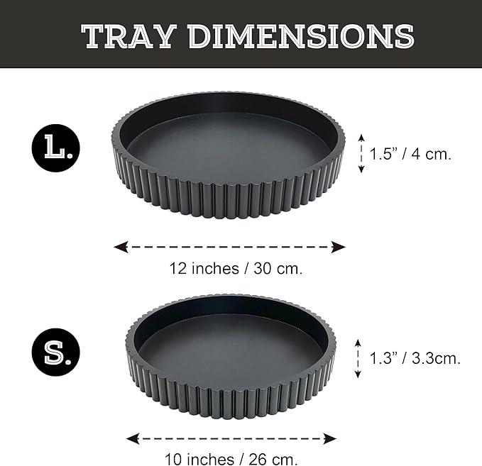 Modern Table Round Decorative Trays 2pcs Home Decor - Circle Coffee Table Centerpiece Set 12"/10" - Wooden Black Ottoman Tray with Fluted Edge