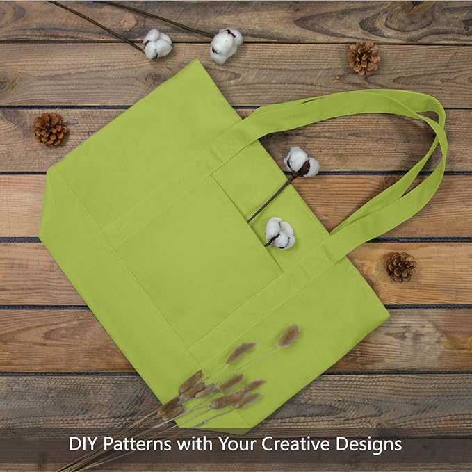 TOPDesign 6-Pack Canvas Tote Bags with an External Pocket, Reusable Grocery Shopping Bags, Top Zipper Closure, Daily Essentials (Light Green)
