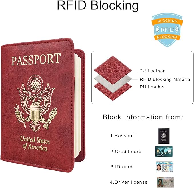 WALNEW Passport Holder for Travel, RFID Passport Cover Wallet for Women Men, PU Leather Passport Book Card Holder Case with Pen, Travelling Essentials for Flying