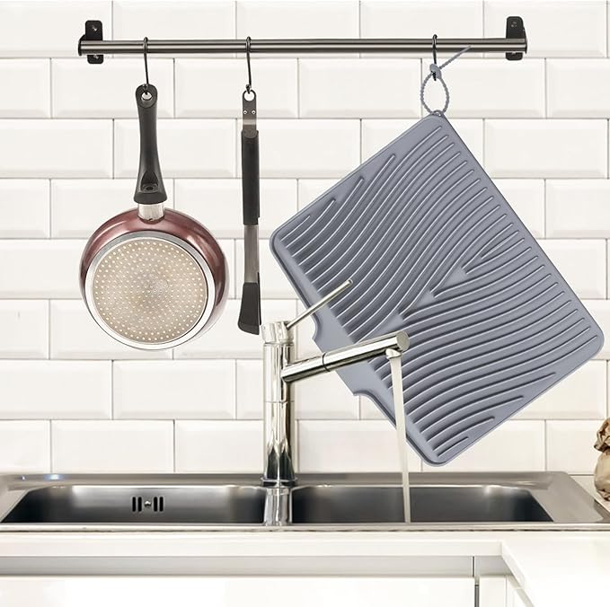 TIKNIK Silicone Dish Drying Mat, Stone Drying Mat for Kitchen Counter with Built-In Drain, Non-Slip Drain Pad with Built-in Drain, Heat Resistant Stone Drying Mat, 1Pcs 20" x 15", Grey