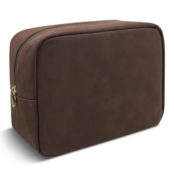 Waterproof Large Makeup Pouch,Suede Women Travel Toiletry Storage Preppy Cosmetic Bag for Girls,Big Makeup Organizer Bag Cute Zipper Pouch for Sport Work Gift(Large-Coffee)