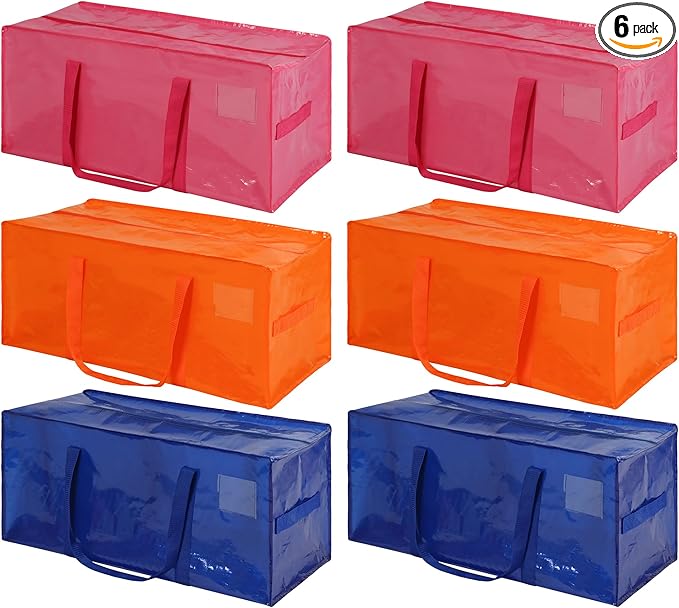 6 Pack Heavy Duty Extra Large Moving Bags with Handles, Waterproof Foldable Storage Totes, Clothing Storage Bags, Packing Moving Boxes for College Supplies & Seasonal Storage, Multicolor