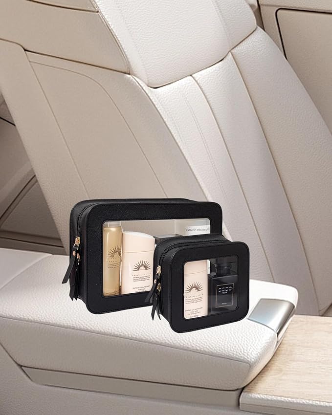 2 Pcs Travel Clear Makeup Bag Set, Clear Black Makeup Organizer with Zipper Leather Travel Bags for Toiletries Small Cosmetic Bags for Women Mini Make up Pouch Toiletry Bags Car Essentials