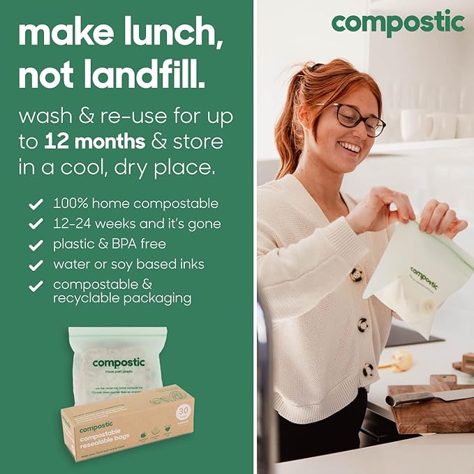 Compostic Home Compostable Resealable Snack Size Bags, Microwave & Freezer Safe, Organic Food Storage Container, 90 Count + 10 Bonus Bags