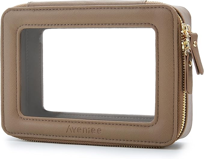 Aveniee Clear Makeup Bag Organizer, Travel Toiletry Bag Cosmetic Case for Women, Portable Make Up Skincare Pouch Car Organizer Bag with Zippers for Essentials,Taupe