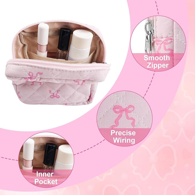 Small Quilted Cotton Makeup Bag for Purse Mini Cosmetic Period Bag for Women Cute Pink Bow Ribbon Makeup Sanitary Pouch Portable Travel Toiletry Bags with Zipper Christmas Birthday Gifts