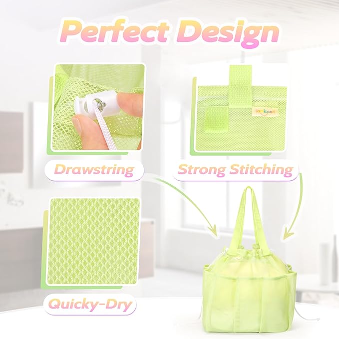 Mesh Shower Caddy Portable with Drawstring, Dorm Room Essentials for College Students Girls & Boys, Large Shower Bag for Camping, Swimming, Gym, Travel, Bathroom - Green
